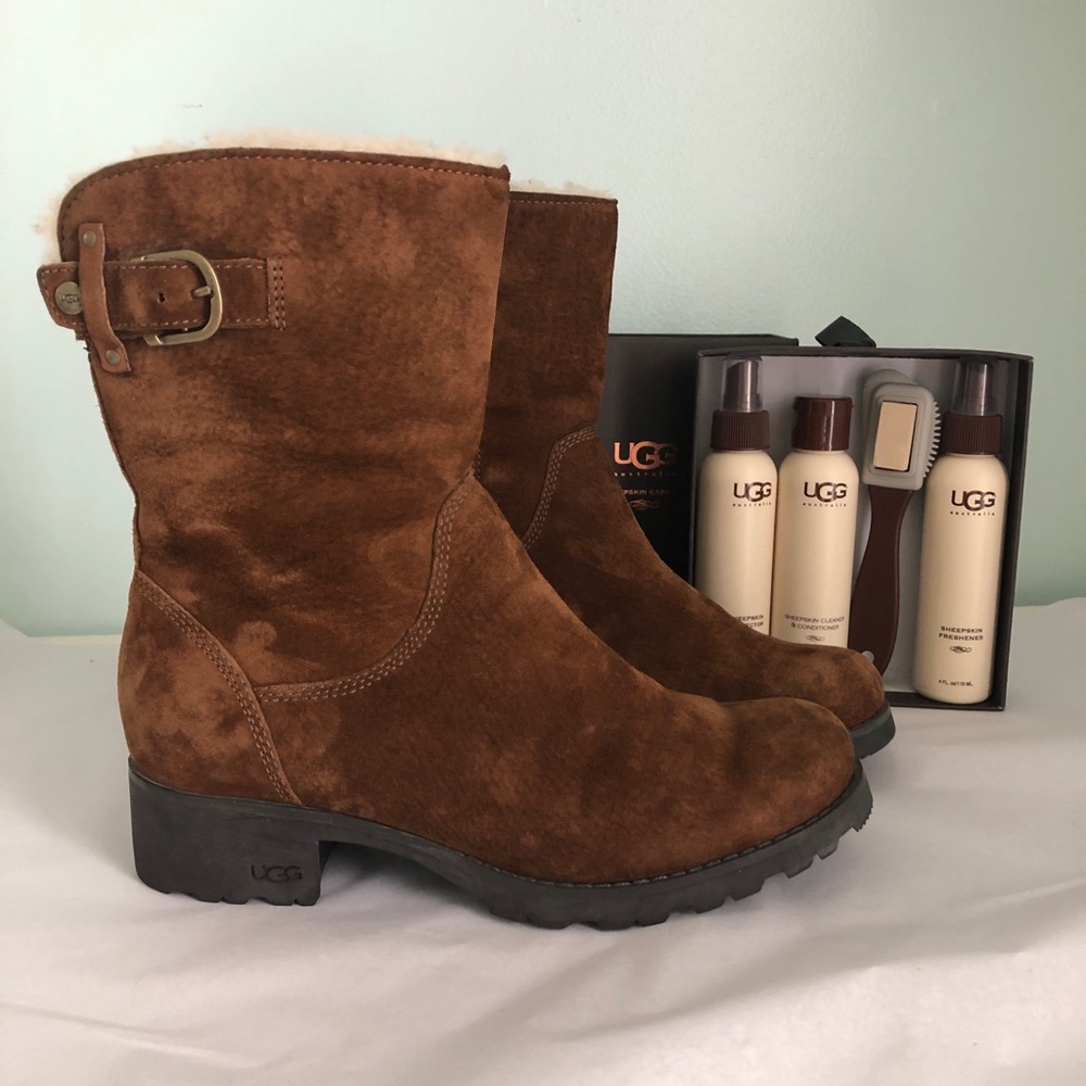 UGG Shearling Suede Moto Boots & UGG Care Kit